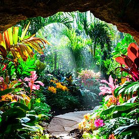 Kleurrijke tropische tuin in zonlicht van Art & Soul Creations