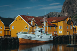Fishing Boat before Yellow Norwegian Houses by Pitkovskiy Photography|ART