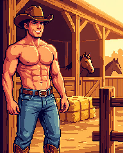 Pixel-Art-Cowboy, der in einem rustikalen Pferdestall steht
