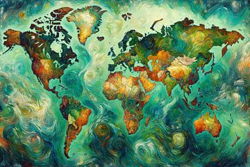 Carte du monde impressionniste dans un style vert vibrant sur Maps Are Art