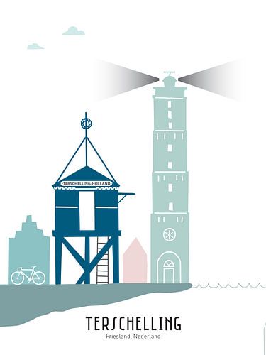 Skyline illustratie waddeneiland Terschelling in kleur