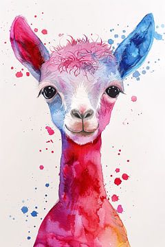 Kleurrijke digitale kunst van een alpaca van De Muurdecoratie
