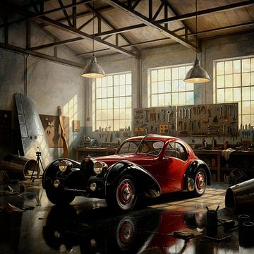 Bugatti 57 C Atlantic in a Rustic Workshop by Jan Keteleer