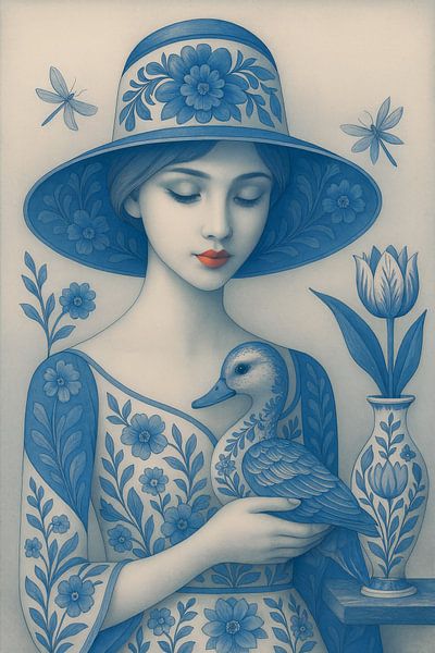 Delfter Blau - Blue Harmony - Dame mit Ente von Kleurenrijk