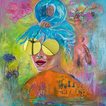 Femme fantastique avec une méduse comme coiffure et des miroirs pour les yeux sur Schilderij van Mirjam