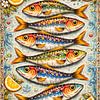 fröhliche Sardinen im bunten Design mit Zitronen von Claudia Gründler