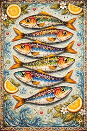 cheerful sardines in a colourful design featuring lemons by Claudia Gründler