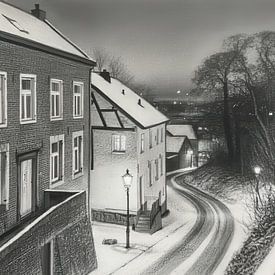 Elsloo am Abend im Winter mit Schnee in Holzkohle von Maurice Meerten