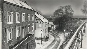 Elsloo am Abend im Winter mit Schnee in Holzkohle