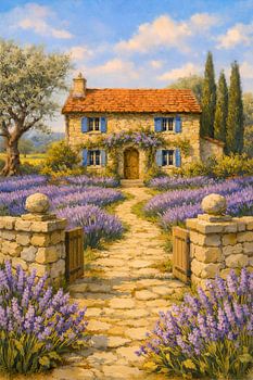 Maison de campagne en pierre dans un jardin de lavande. Peinture à l'huile représentant un paysage provençal