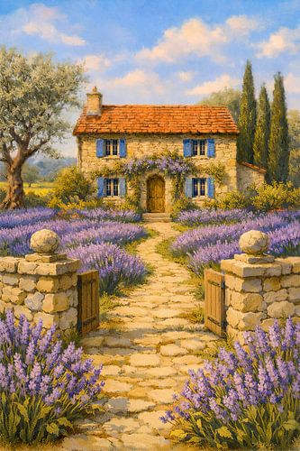 Steinhaus in Frankreich inmitten eines Lavendelgartens. Ölgemälde mit provenzalischer Landschaftsarchitektur von Jelena Jovanovic Fine Art