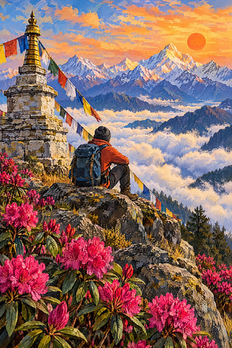 Rast an der Stupa über dem Wolkenmeer