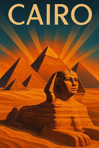 Caïro Art Deco Poster - De Sfinx en Piramides van Gizeh in Gouden Licht