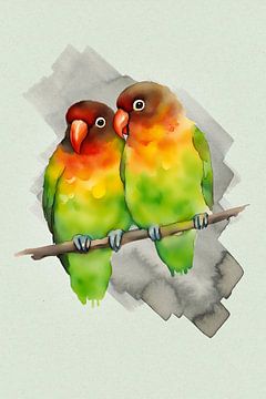Twee schattige papegaaitjes die knuffelen van Bianca Wisseloo