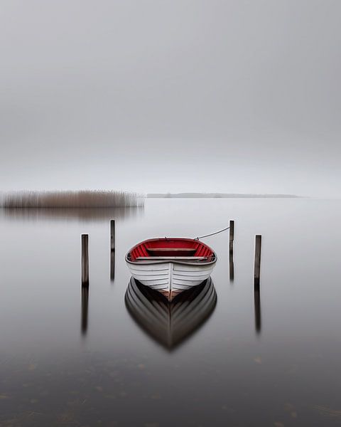 Small boat, calm lake by fernlichtsicht