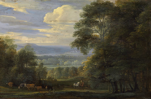 Jacques d’'’Arthois, Forest Landscape with a Horseman and Cattle