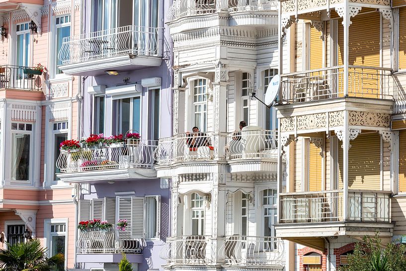 Colorful wooden houses at the Bosphorus (sea) in Istanbul, Turkey. by Eyesmile Photography
