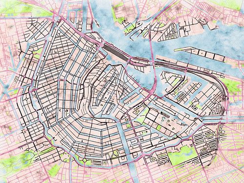 Kaart van Amsterdam centrum in de stijl 'Soothing Spring'