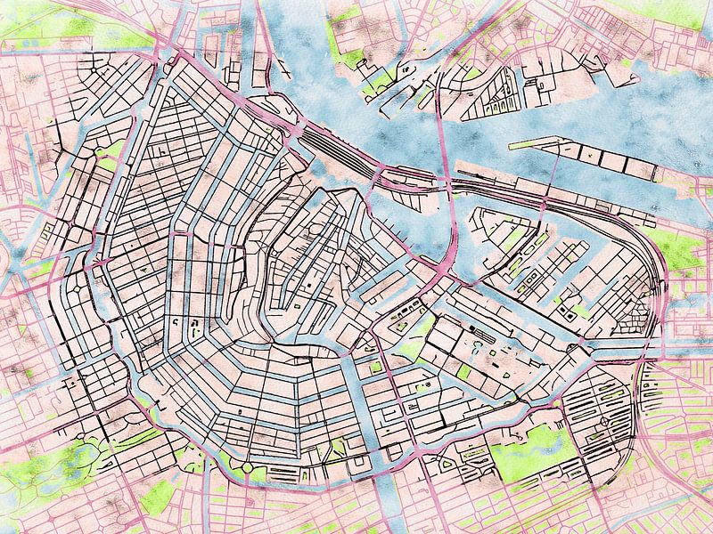 Kaart van Amsterdam centrum in de stijl 'Soothing Spring' van Maporia