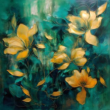 Botanical Brilliance, groen en goud abstract van Jan Bechtum