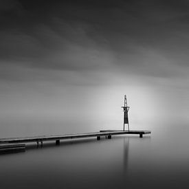 Melancholy - Black and white photo of decking and lighthouse in Cattenbroekerplas, Woerden by Phillipson Photography