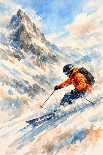 Skiër off-piste tijdens afdaling in winterse Alpen (AI) (wintersport, extreme sport, sneeuw, bergen)