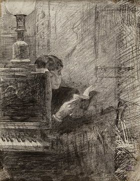 Woman reading at the corner of a piano, Marie Bashkirtseff