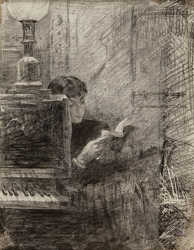 Woman reading at the corner of a piano, Marie Bashkirtseff