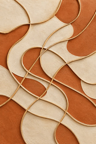 Lignes dorées organiques sur fond terracotta et relief beige