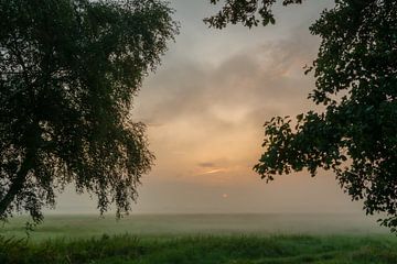 Zonsopkomst in de mist. van Hans Buls Photography