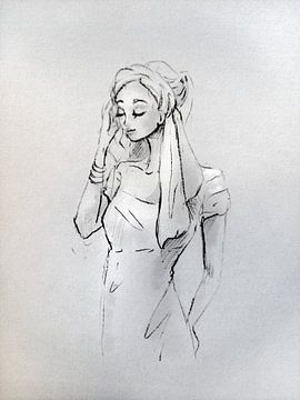 Potlood schets van een vrouw met hoofddoek van Emiel de Lange