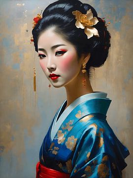De blik van de Japanse Geisha in haar blauwe kimono van Jolique Arte