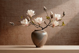 Ruhiges Stillleben mit einem Magnolienzweig in einer Keramikvase