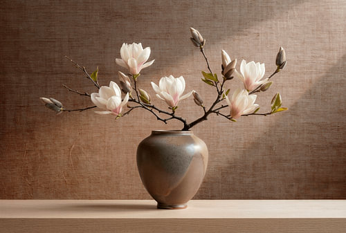 Nature morte apaisante représentant une branche de magnolia dans un vase en céramique