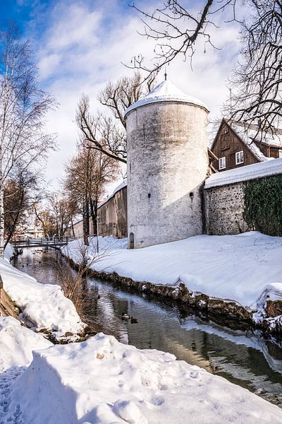 Winterse sneeuw bij de gracht en stadsmuur in Isny im Allgäu in Duitsland van Dieter Walther