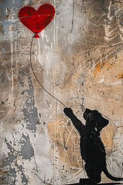 Silhouet van kat met rood hartvormige ballon van De Muurdecoratie