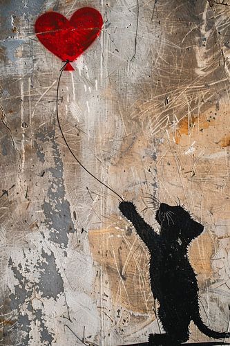 Silhouet van een dier met rood hartvormige ballon