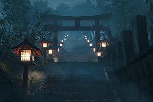 Sanctuaire japonais avec torii rouge Porte d'entrée de nuit