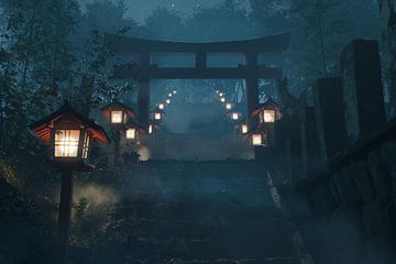 Japanse schrijn met rode torii toegangspoort bij nacht van Besa Art