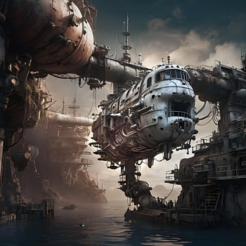 Scène de port, machine inconnue, surréaliste