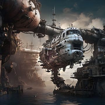 Haven scène, onbekende machine, surrealistisch van Nick Wendt