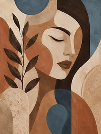 Portrait abstrait bohème et serein – Décoration murale minimaliste représentant le visage d'une femme dans un décor botanique sur Alfonz
