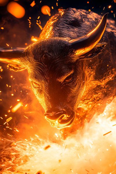 Bull portrait in flames - Dramatic by Poster Art Shop