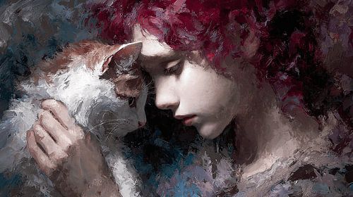 Hoofd tegen Hoofd | Figuratief Portret met Kat en Kind