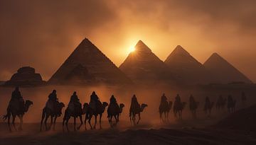 Piramides en kamelen zonsondergang panorama van TheXclusive Art