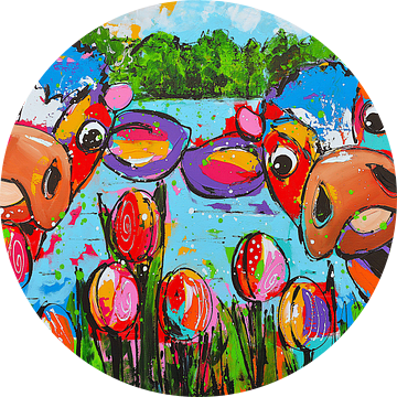 Vrolijke Koeien met Tulpen van Vrolijk Schilderij