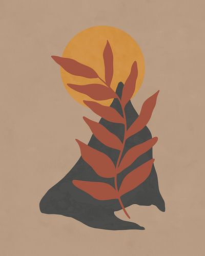 Abstract landschap met een terracotta-rode plant