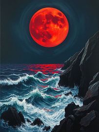Die feurige Umarmung des Blutmonds über stürmischen Mitternachtsgewässern und schroffen Felsen von Artistic