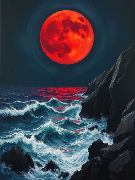 L'étreinte ardente d'une lune de sang sur des eaux de minuit tempétueuses et des falaises escarpées par Artistic
