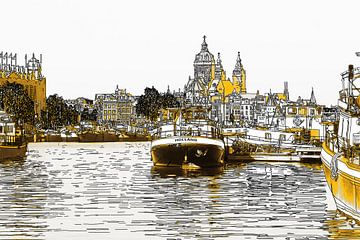 Pendrawing Oosterdok Amsterdam Pays-Bas Dessin au trait Or